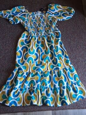 Ashley Stewart Teal, Mustard & White Smocked Maxi Dress